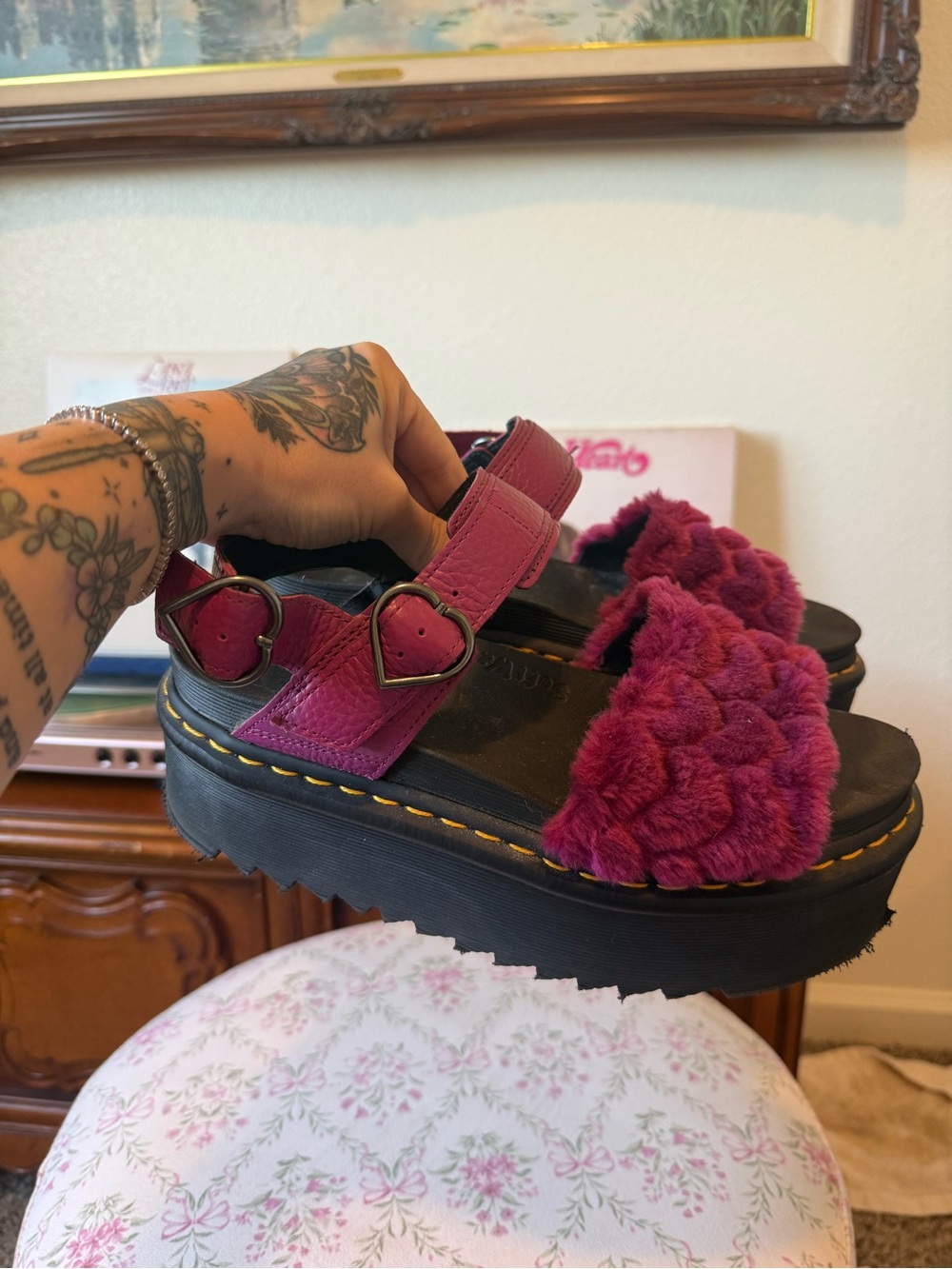 Dr marten Voss quad fluffy Women’s Fuzzy Strap Platform Sandals - Hot Pink